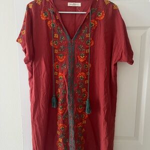 NATURAL LIFE Red Dress with Floral Embroidery